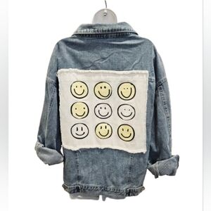 Fantastic Fawn Oversized Cotton Blue Jean Jacket with Smiley Faces Patch
